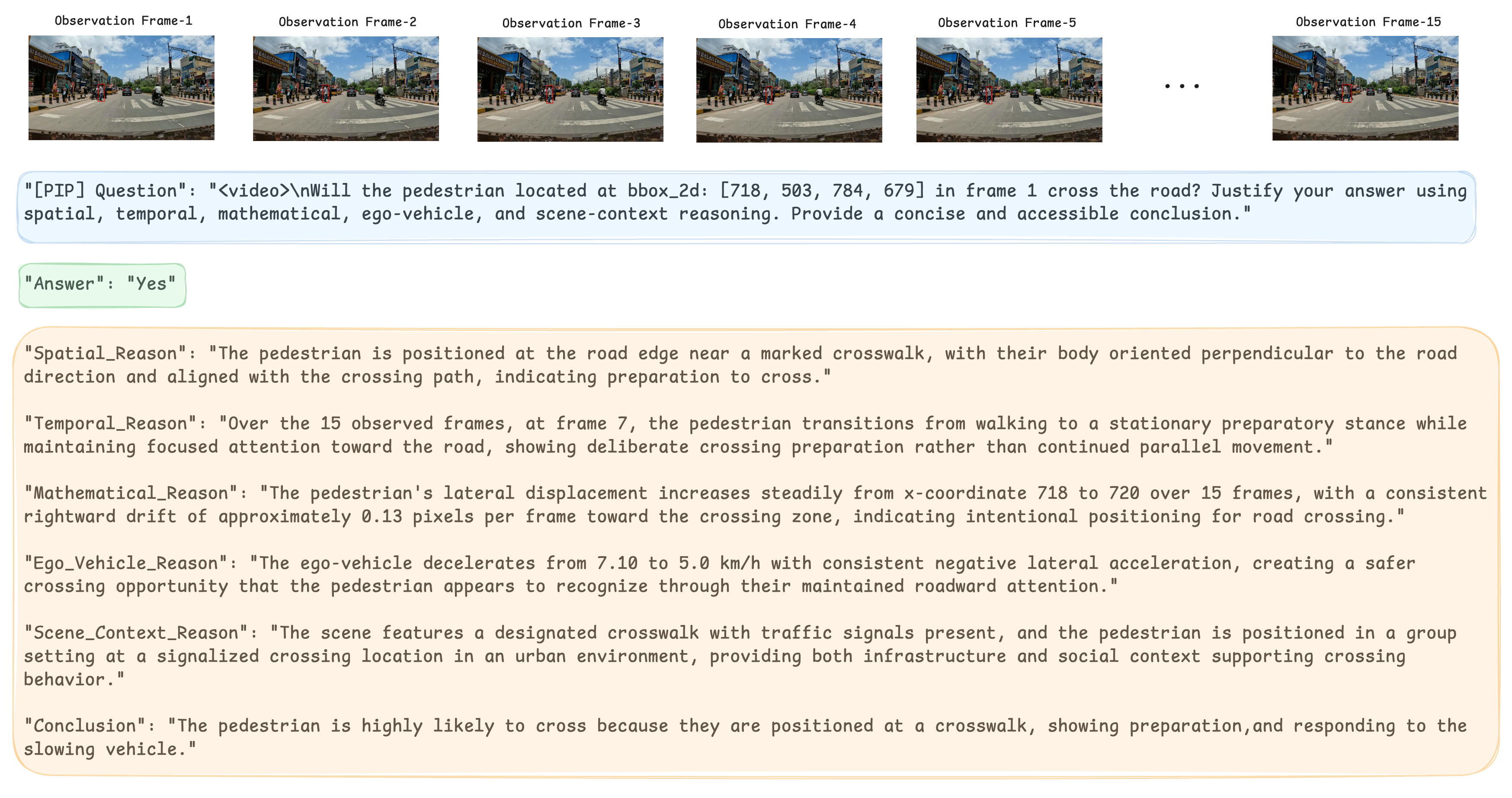 A PedestrianQA sample showing 15 observation frames, the PIP question, the answer, and five structured rationales plus a conclusion.